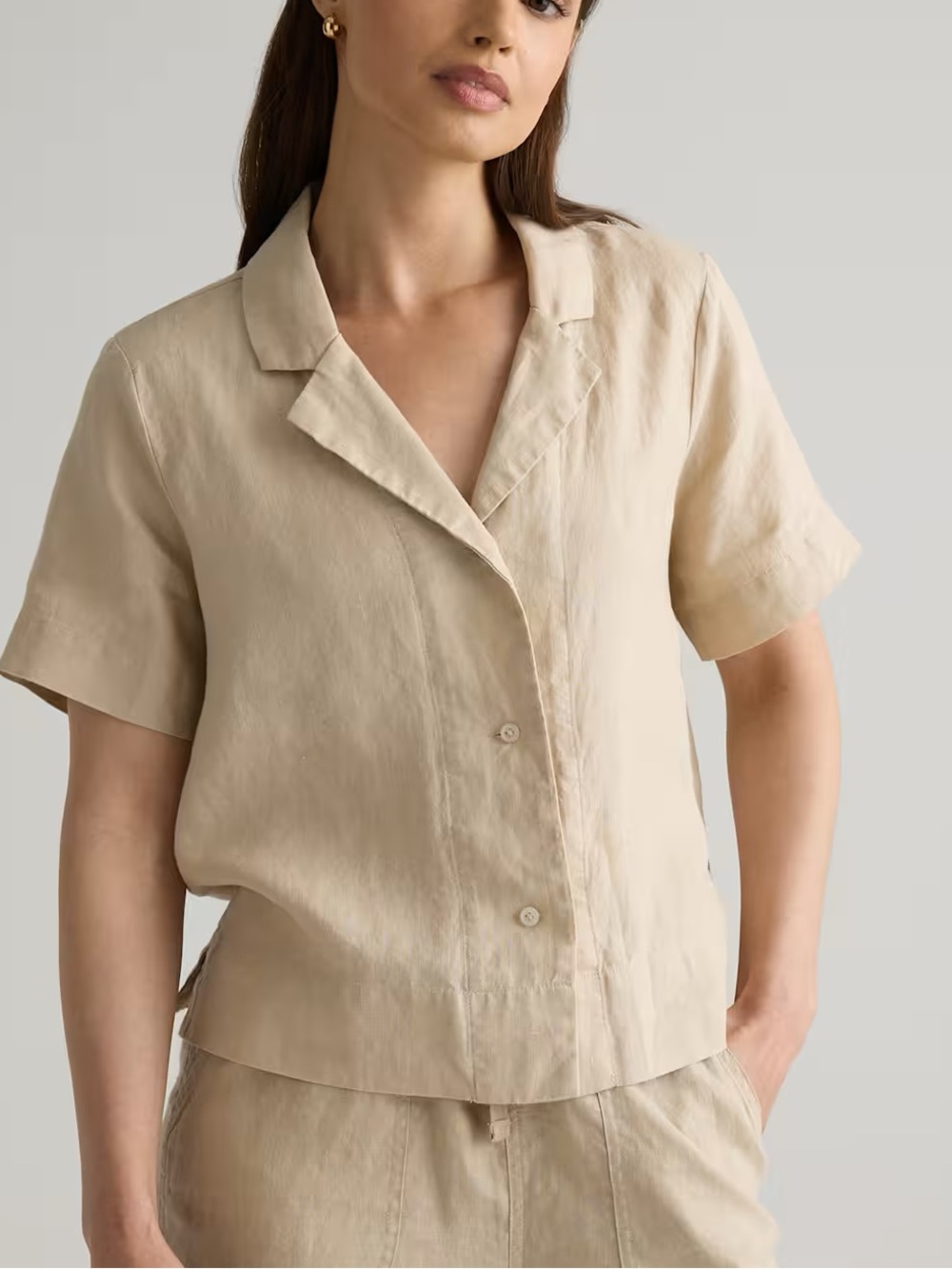 Quince 100% Flax Linen Short Sleeve Shirt Driftwood Light Tan Button Front Top L